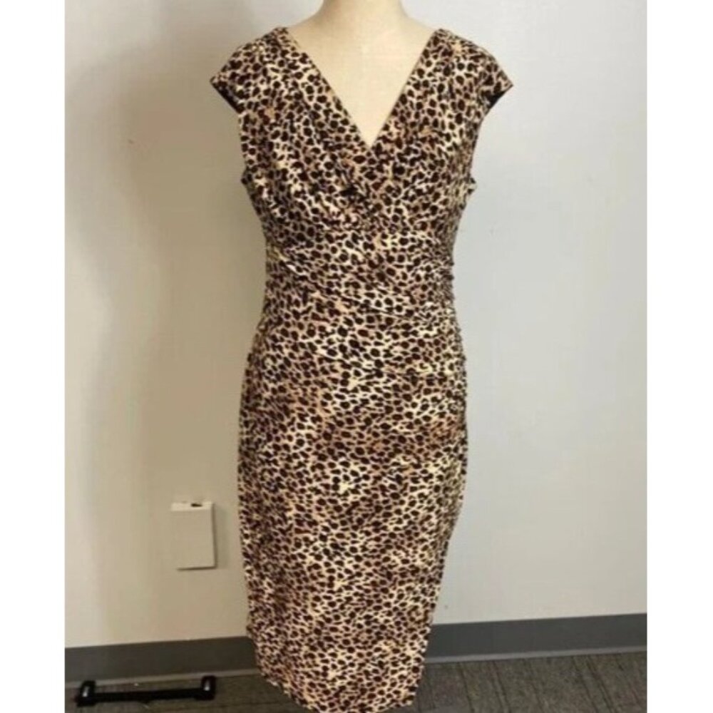 Evan Picone Dress Leopard Print Sleeveless Mid Calf V-Neck Size 6